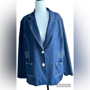 TanJay, Size 16P, dark blue blazer, with white stitching, two buttons, 2 pockets
